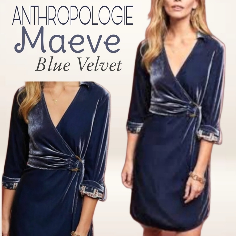 Anthropologie Maeve Blue velvet faux wrap shirt dress